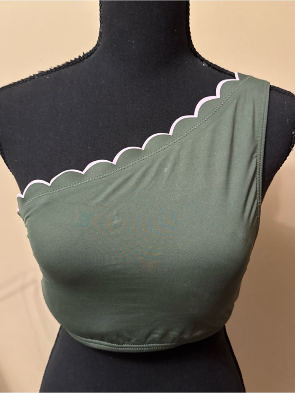 kate spade Olive Green One-Shoulder Bikini Top with Light Pink Scallop Trim